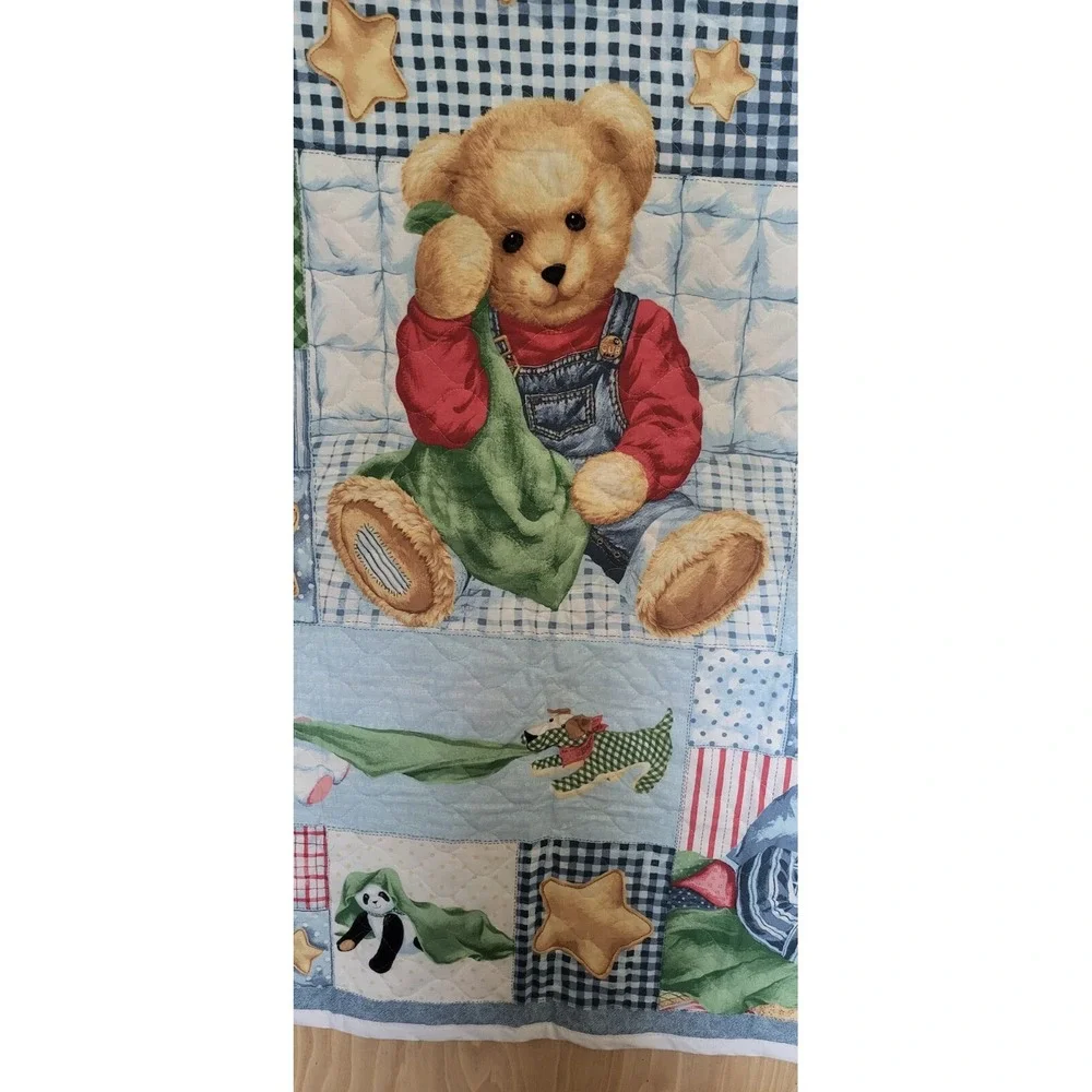 Vintage Teddy Bear Patchwork Quilted Baby Blanket Blue Gingham‎ Stars 34x44